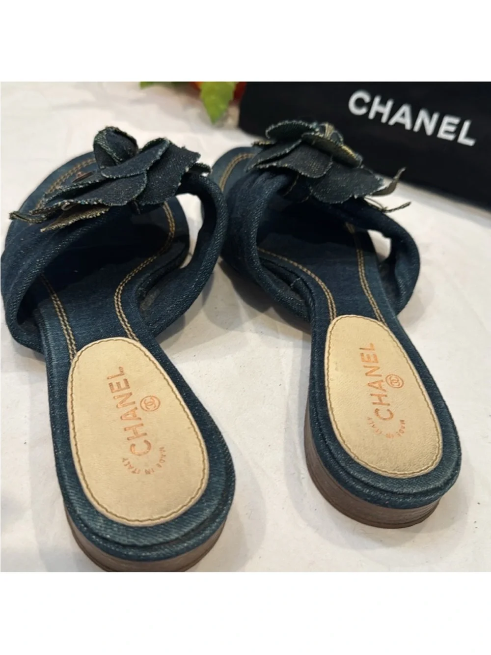 Authentic  CHANEL Dark Blue Denim Slide Sandals with Flower Design